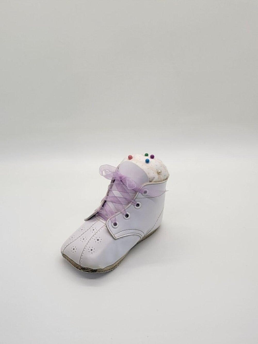 Vintage Handmade Baby Shoe Pincushion White Leather Sewing Pin Cushion Ribbon